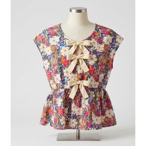 Coquette Floral Bow Peplum Blouse Bright Colorful Watercolor Print Top